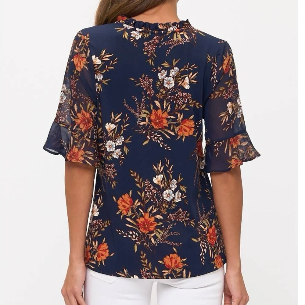 Floral Navy Blouse with Ruffle Sleeves - Picture 3 of 3